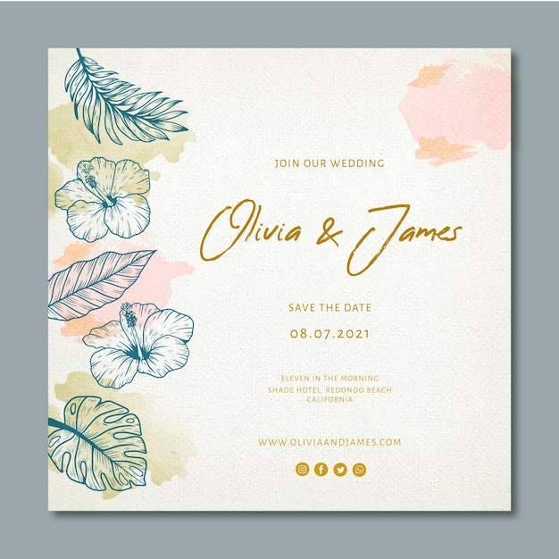 Flyer carré de mariage avec ornements floraux