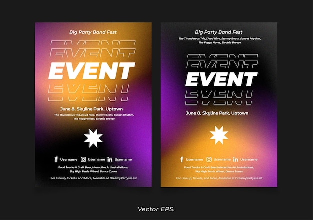 Flyer de fête moderne avec fond de texture granuleuse de gradient foncé violet jaune