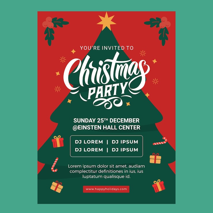 Vecteur flyer de fête de noël avec arbre de fête et graphiques de présent