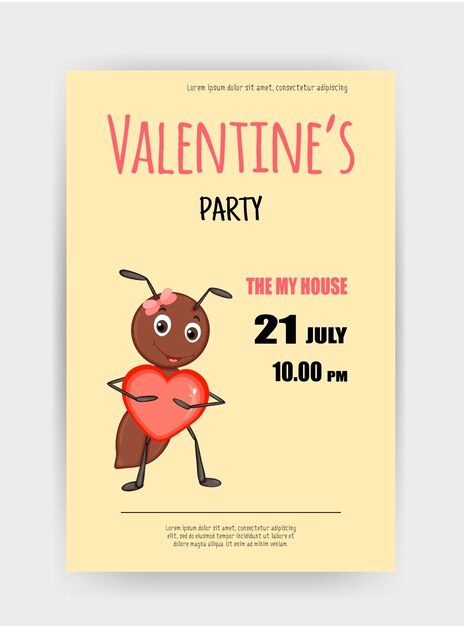 Flyer De Fête De La Saint-valentin Illustration Vectorielle Avec Illustration De Dessin Animé D'une Fourmi