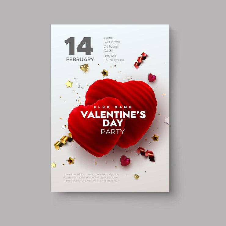 Vecteur flyer happy valentines day party de couple de coeurs de velours avec des paillettes de confettis étincelants