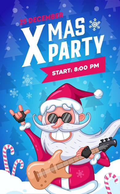 Flyer D'invitation à La Fête De Noël, Père Noël Cool Avec Guitare électronique Et Lunettes Noires