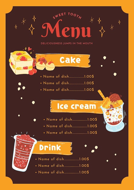 Vecteur flyer de menu de desserts dessinés à la main orange clair