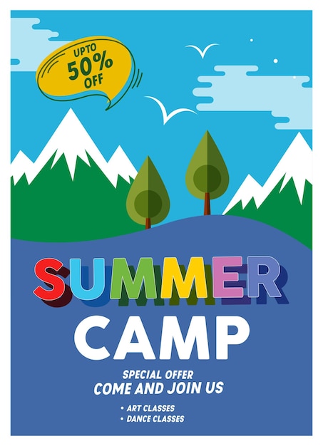 Flyer pour l'affiche du camp d'été pour enfants en illustration vectorielle de style plat