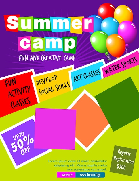 Vecteur flyer pour l'affiche du camp d'été pour enfants en illustration vectorielle de style plat