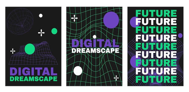 Vecteur des flyers à l'ambiance rétro-futuriste, des bannières à l'atmosphère techno, des affiches rétro-ondes avec un violet vibrant.