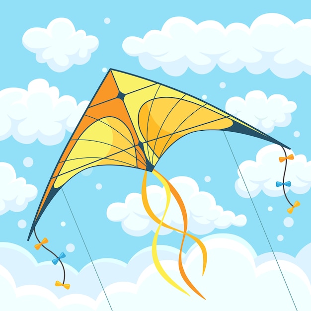 Flying Cerf-volant Coloré Dans Le Ciel Avec Des Nuages Sur Fond. Festival D'été, Vacances, Temps De Vacances. Kite Surf . Illustration.