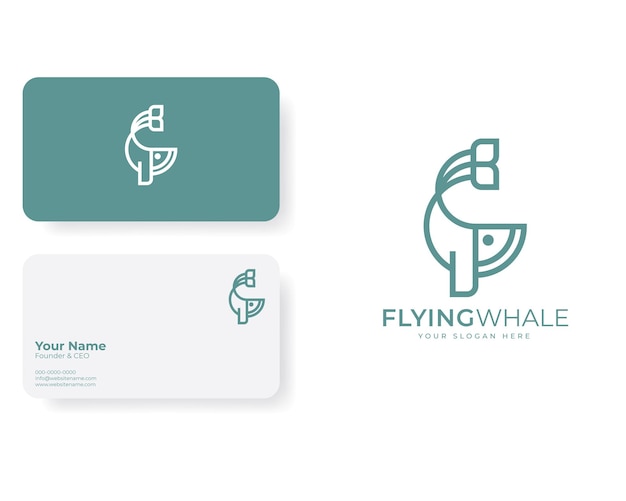 Flying Whale Line Art Logo avec modèle de carte de visite au design plat