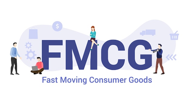 Fmcg concept de biens de consommation en mouvement rapide avec grand mot ou texte et équipe de personnes avec illustration vectorielle de style plat moderne