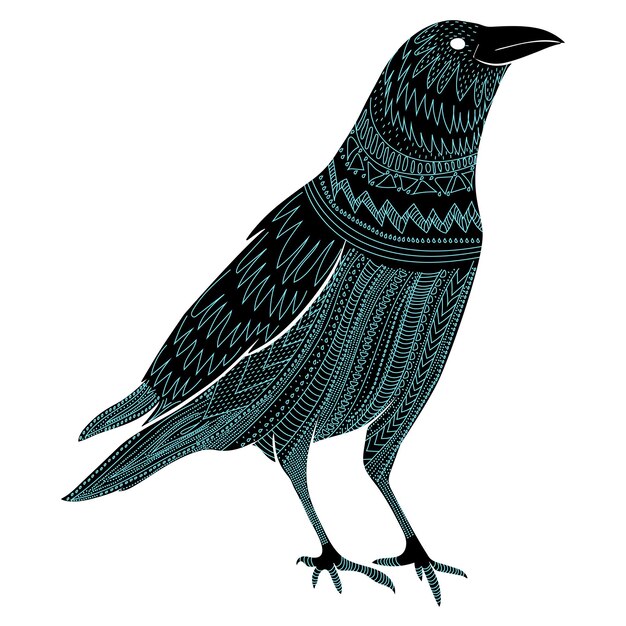 Folk corbeau avec oiseau mystique ornement pour halloween vecteur isolé dessiné à la main