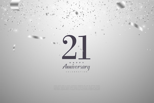 Fond de 21e anniversaire avec des chiffres et des illustrations de feuille d'argent.