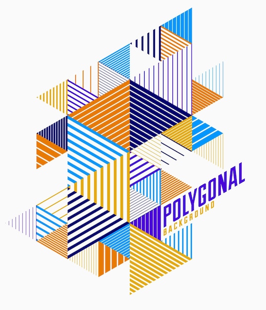 Fond 3D dimensionnel vectoriel abstrait à rayures linéaires avec élément graphique de style rétro isolé avec des cubes et des triangles. Modèle d'affiche ou de bannière, de couverture ou d'annonce.
