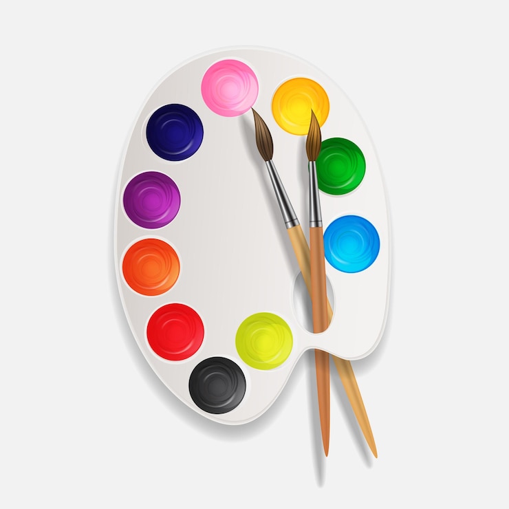 Vecteur fond 3d réaliste, boîtes avec fond d'art brosse et palette.