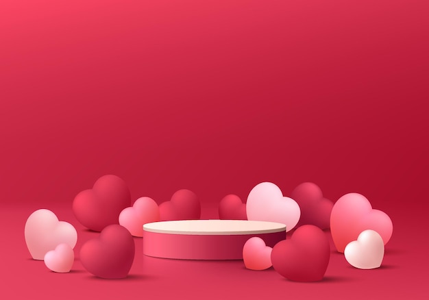 Vecteur fond 3d saint-valentin avec podium de piédestal de cylindre rouge et rose réaliste forme de coeurs de ballon