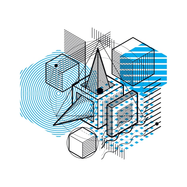 Vecteur fond abstrait avec éléments isométriques, art linéaire vectoriel avec lignes et formes. cubes, hexagones, carrés, rectangles et différents éléments abstraits.