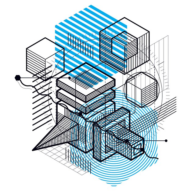 Fond abstrait isométrique avec des formes dimensionnelles linéaires, éléments vectoriels de maillage 3d. Composition de cubes, hexagones, carrés, rectangles et différents éléments abstraits.