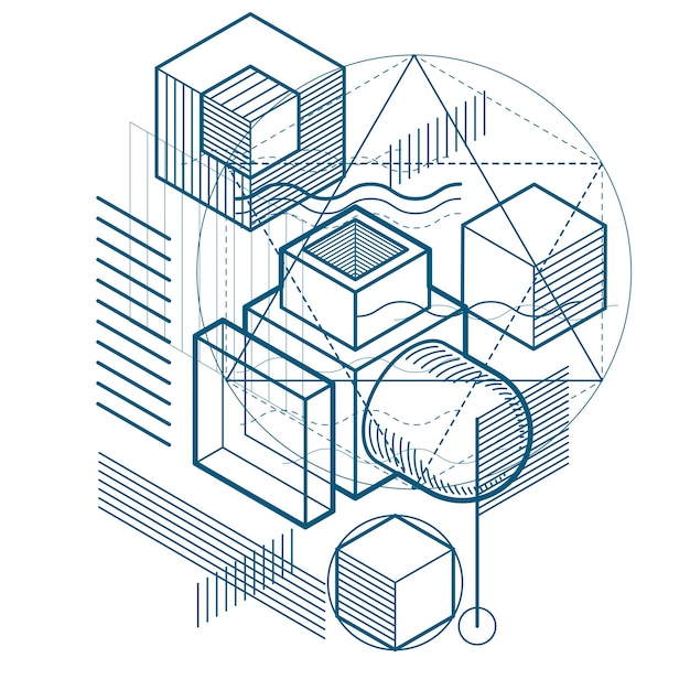 Fond abstrait isométrique avec des lignes et d'autres éléments différents, modèle abstrait vectoriel. Composition de cubes, hexagones, carrés, rectangles et différents éléments abstraits.