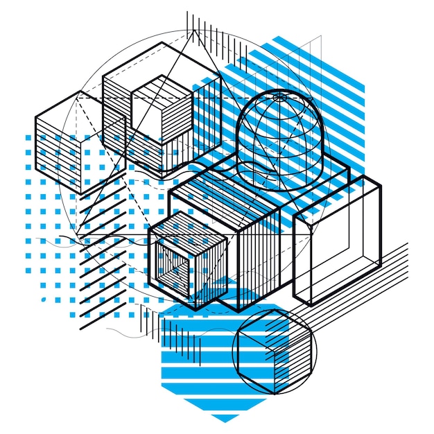 Fond abstrait isométrique avec des lignes et d'autres éléments différents, modèle abstrait vectoriel. Composition de cubes, hexagones, carrés, rectangles et différents éléments abstraits.