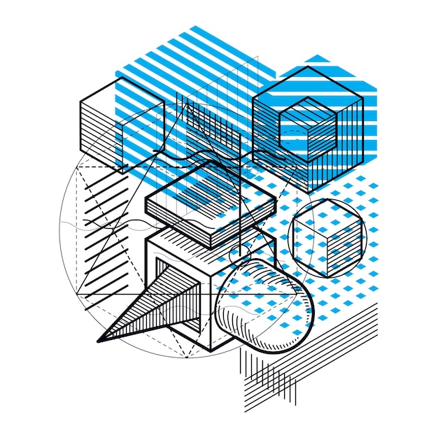 Fond abstrait isométrique avec des lignes et d'autres éléments différents, modèle abstrait vectoriel. Composition de cubes, hexagones, carrés, rectangles et différents éléments abstraits.