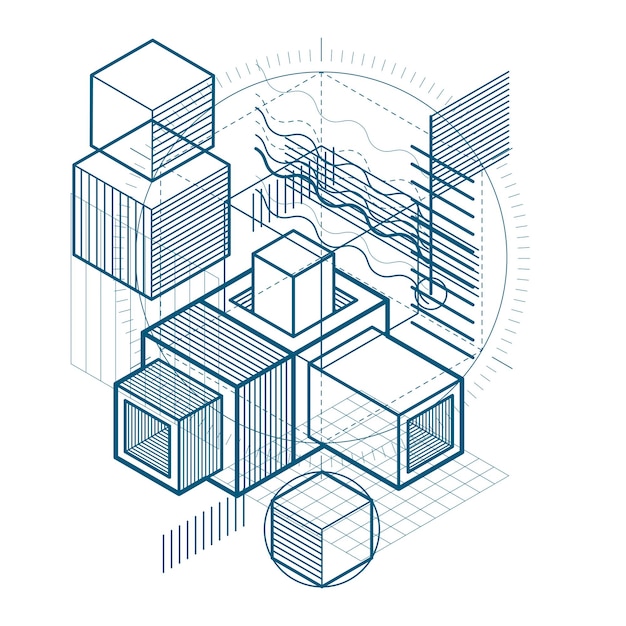 Fond abstrait isométrique avec des lignes et d'autres éléments différents, modèle abstrait vectoriel. Composition de cubes, hexagones, carrés, rectangles et différents éléments abstraits.