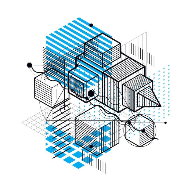 Fond abstrait avec lignes isométriques, illustration vectorielle. Modèle composé de cubes, d'hexagones, de carrés, de rectangles et de différents éléments abstraits.