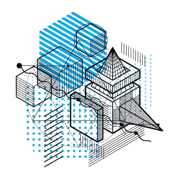 Fond abstrait avec lignes isométriques, illustration vectorielle. Modèle composé de cubes, d'hexagones, de carrés, de rectangles et de différents éléments abstraits.