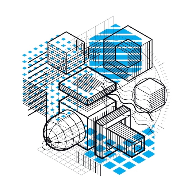 Vecteur fond abstrait avec lignes isométriques, illustration vectorielle. modèle composé de cubes, d'hexagones, de carrés, de rectangles et de différents éléments abstraits.