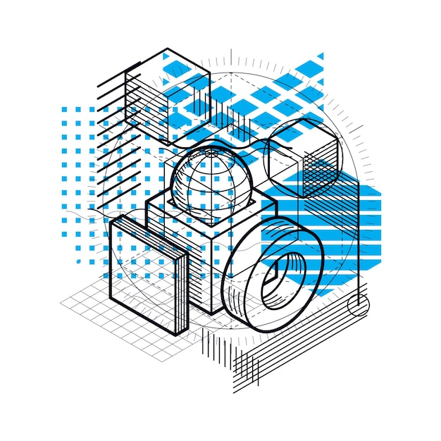 Fond abstrait avec lignes isométriques, illustration vectorielle. Modèle composé de cubes, d'hexagones, de carrés, de rectangles et de différents éléments abstraits.