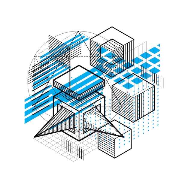 Fond abstrait avec lignes isométriques, illustration vectorielle. Modèle composé de cubes, d'hexagones, de carrés, de rectangles et de différents éléments abstraits.