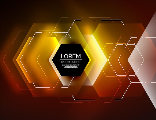 Fond abstrait techno numérique hexagones lumineux vecteur fond hitech géométrique avec effets de lumière brillants et figures couleur jaune orange
