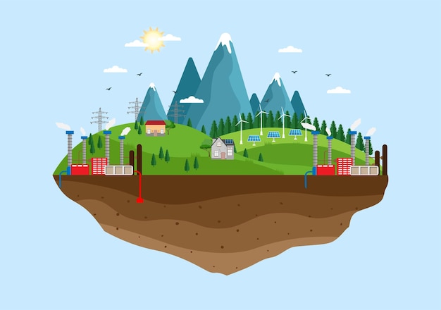 Vecteur fond d'approvisionnement en énergie écologique durable illustration vectorielle à plat bâtiments de la centrale électrique avec panneaux solaires, gaz, géothermie, énergies renouvelables, eau et éoliennes