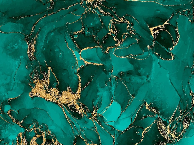 Fond aquarelle noir et vert avec des paillettes d'or. Éclaboussure d'encre d'alcool à l'aquarelle, peinture de texture à écoulement liquide, motif abstrait de luxe en papier numérique, pierre précieuse de malachite, papier peint.