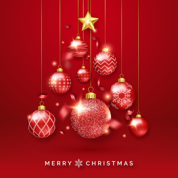 Fond d'arbre de Noël avec des rubans brillants, étoiles et boules colorées