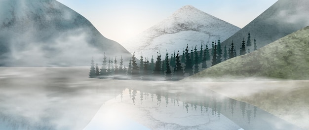 Fond D'art Aquarelle Avec Forêt De Montagnes Et Lac Dans Le Brouillard Dans Les Tons Bleus Bannière De Paysage Pour Décor D'impression De Décoration Intérieure