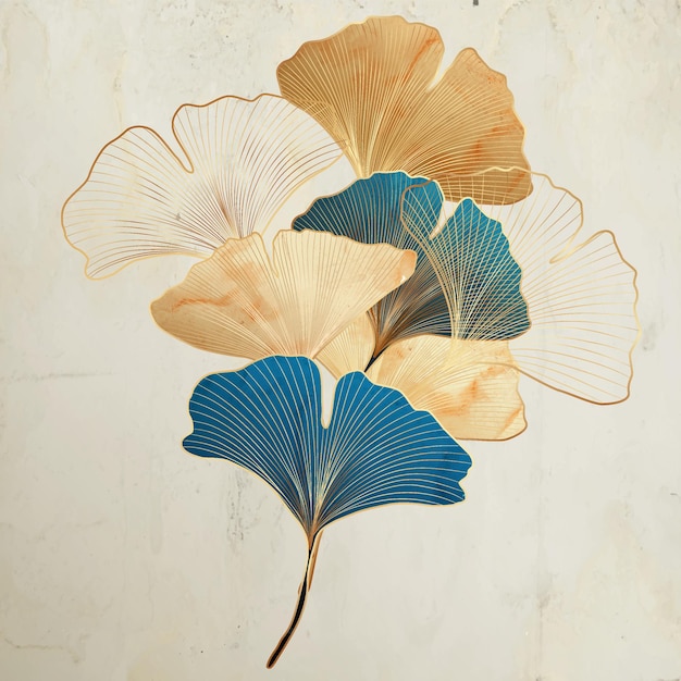 Fond d'art avec des feuilles de ginkgo décoratives dans un style vintage aux couleurs or et turquoise.