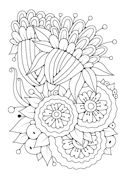 Fond D'art-thérapie Pour La Coloration. Illustration En Noir Et Blanc. Coloriage De Fleurs. L'art-thérapie.