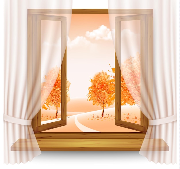 fond d'automne avec une fenêtre ouverte et des arbres colorés