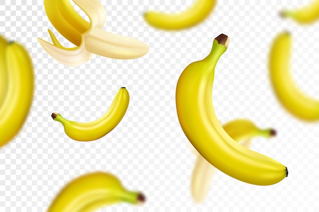 Fond De Banane Les Bananes Volantes Sont Pelées Et Les Régimes De Bananes Effet Flou Et Flou Peut être Utilisé Pour Le Papier Peint Bannière Affiche Tissu Imprimé Papier D'emballage Illustration Vectorielle 3d Réaliste