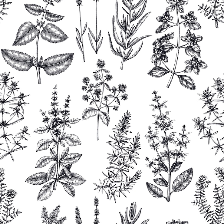 Vecteur fond à base de plantes sarriette marjolaine romarin thym origan lavande modèle sans couture
