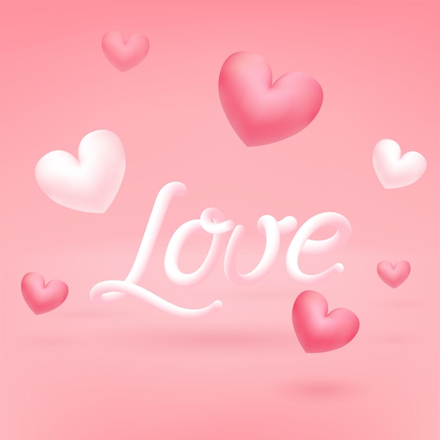 Fond Blanc Rose Saint Valentin Avec Des Coeurs De Ballon 3d. Carte De Voeux Romantique. Amour 3d