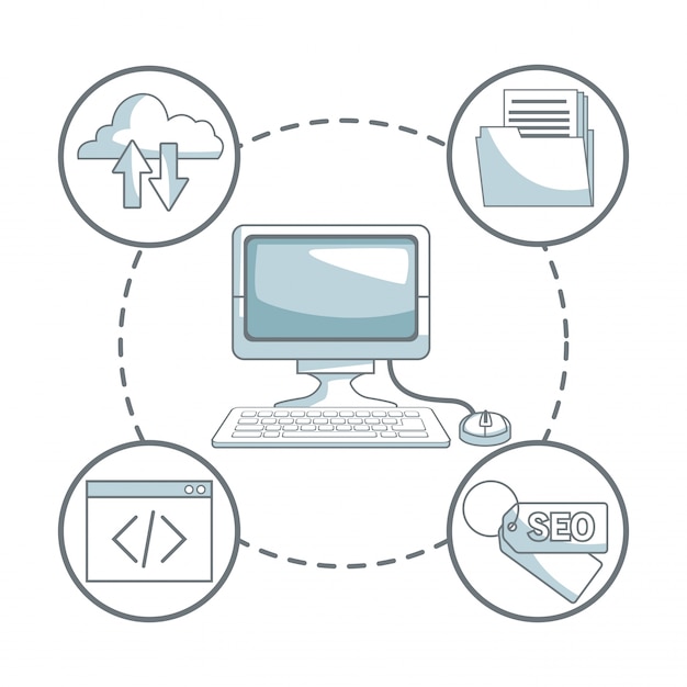 Fond Blanc Avec Des Sections De Couleur Silhouette Ombrage Du Développement De L'ordinateur De Bureau Et Des Icônes Autour