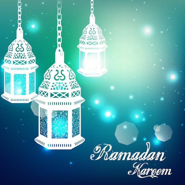 Fond Bleu Clair Ramadan Kareem Avec Lampe éclairée