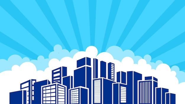 fond bleu comique avec la silhouette de nuage et de ville