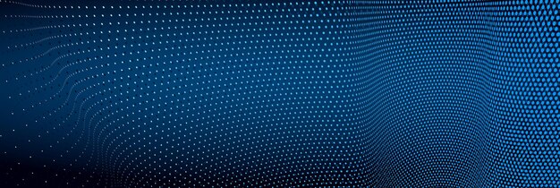 Fond bleu foncé abstrait 3D avec motif vectoriel à pois, thème technologique, flux pointillé dimensionnel en perspective, données volumineuses, nanotechnologie.
