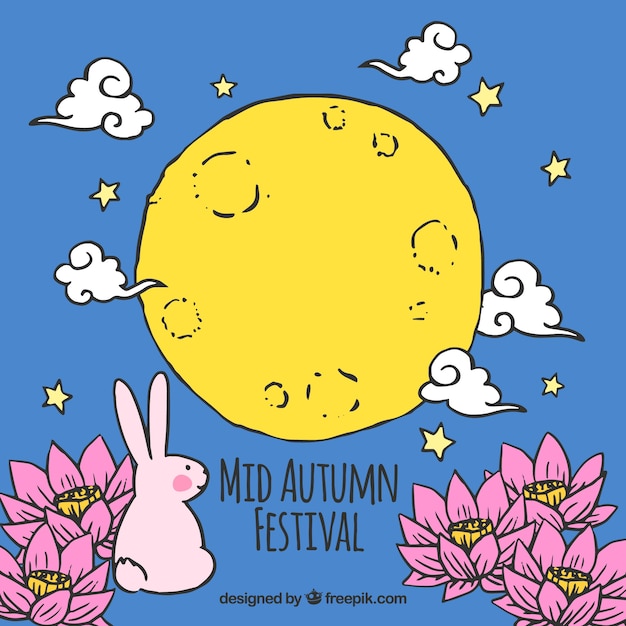 Fond Bleu Avec Un Lapin Et Une Lune Jaune, Festival De Mi-automne