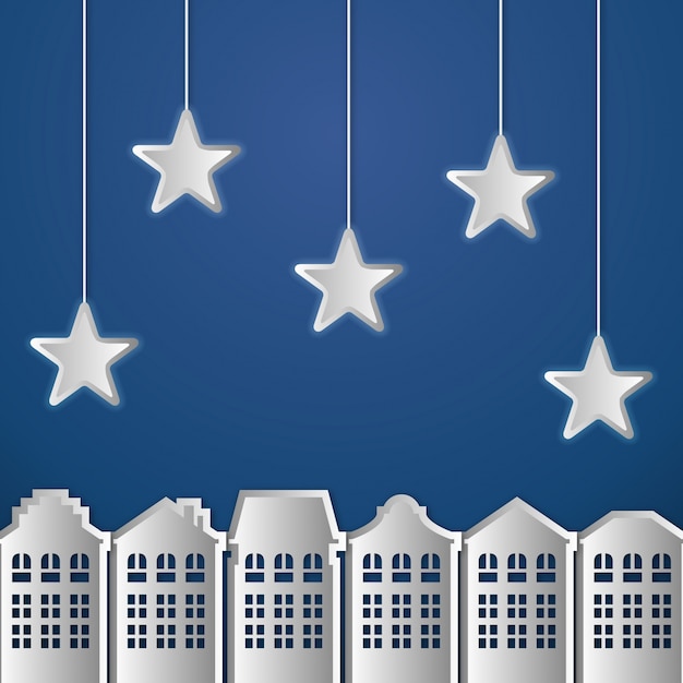 Fond Bleu Avec Papier City And Stars