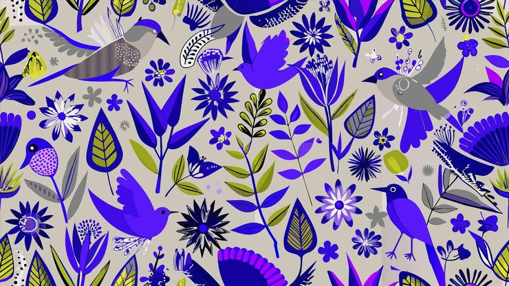 Vecteur un fond bleu et violet avec un oiseau et des fleurs