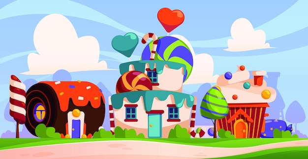 Fond de bonbons Monde savoureux fantastique avec des cupcakes, des bonbons et des biscuits, des maisons de sucre en pain d'épice, un paysage de dessin animé vectoriel criard