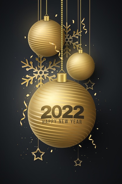 Fond de bonne année 2022 avec des décorations de Noël de boules suspendues dorées, de confettis, de guirlandes, de flocons de neige, d'étoiles. Modèle de fête pour Noël. Illustration vectorielle