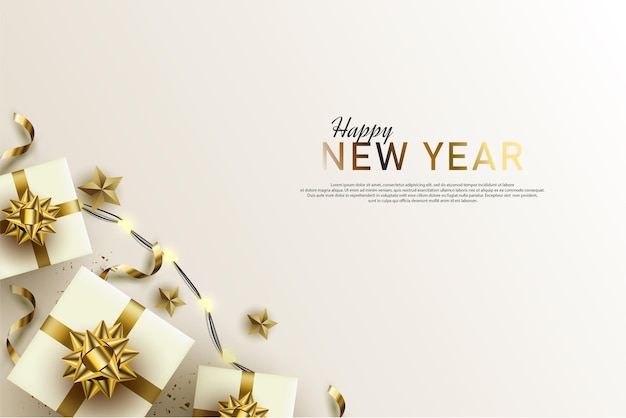 Fond de bonne année avec boîte-cadeau sur fond blanc